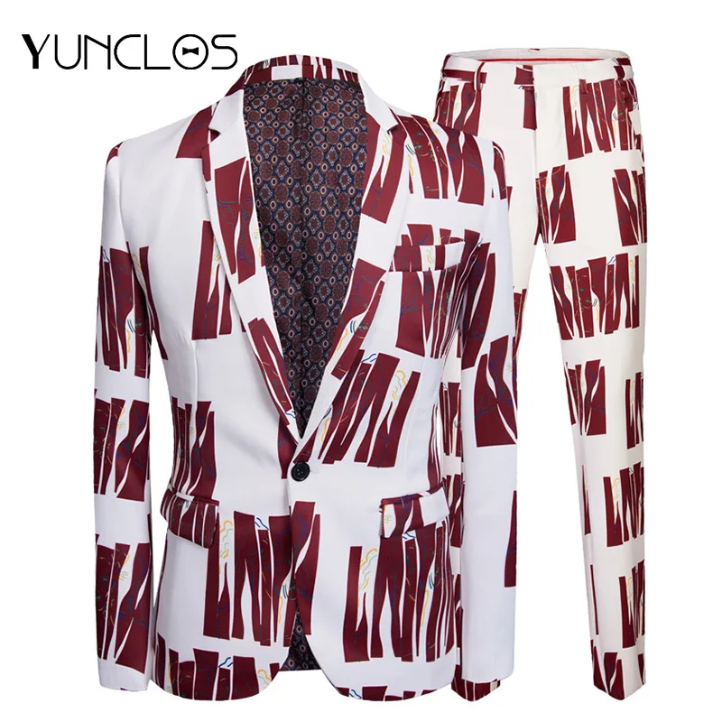

YUNCLOS мужские костюмы с принтом, облегающие костюмы для вечеринок, комплект из 2 предметов, пиджак и штаны, костюмы для выпускного вечера, одно...