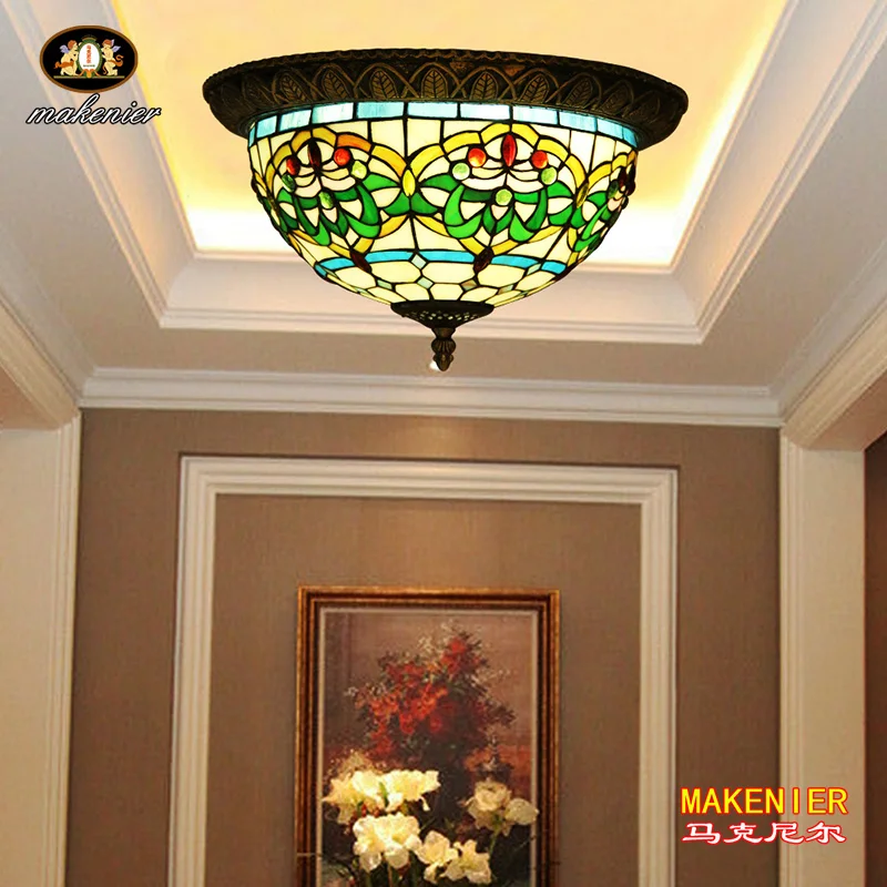 Винтажная Витражная лампа Makenier Tiffany с зелеными полосками и цветочным креплением