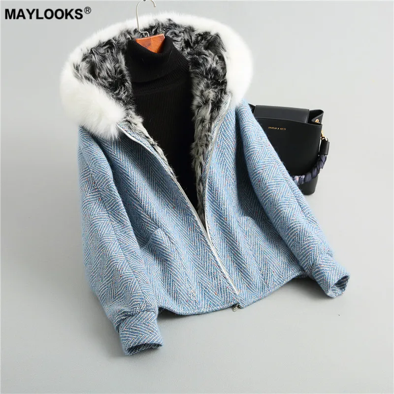 MAYLOOKS грубая твидовая шуба осень 2018 лисий мех с капюшоном ягненка внутри женское