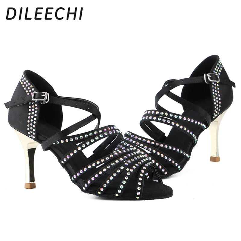 DILEECHI туфли для латиноамериканских танцев разы черные атласные Золотые женские