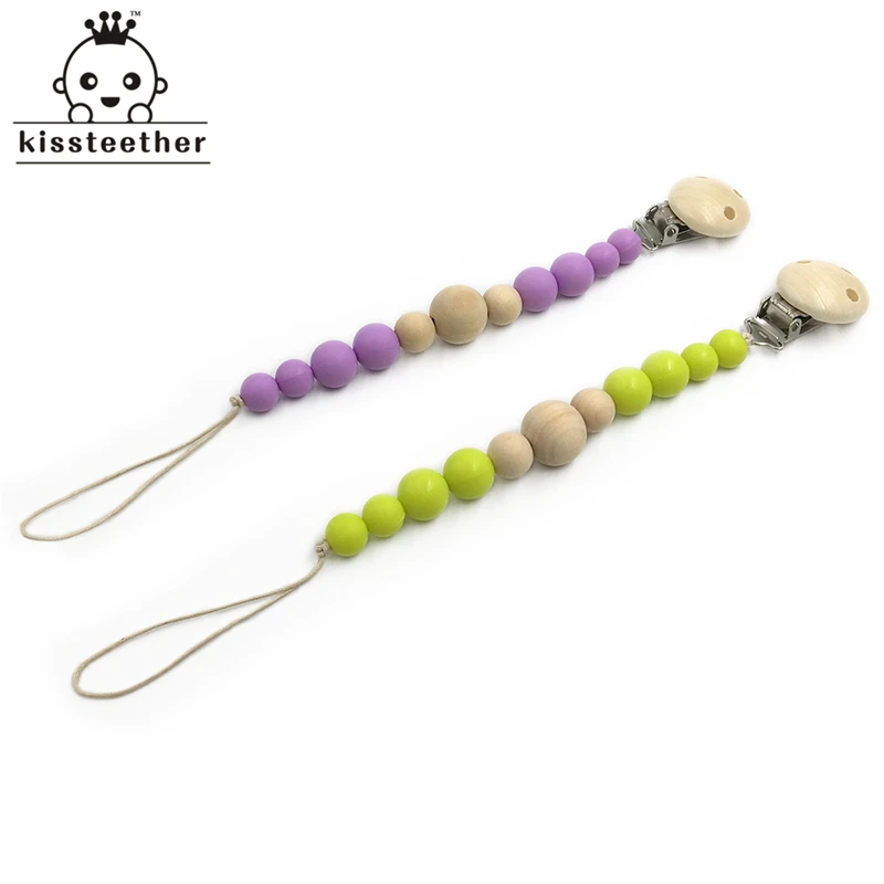 Mordedor de silicona para beb&eacute;, chupete de madera, Clip para chupete para reci&eacute;n nacido, cuentas para masticar, juguete Natural para la dentici&oacute;n del beb&eacute;-4