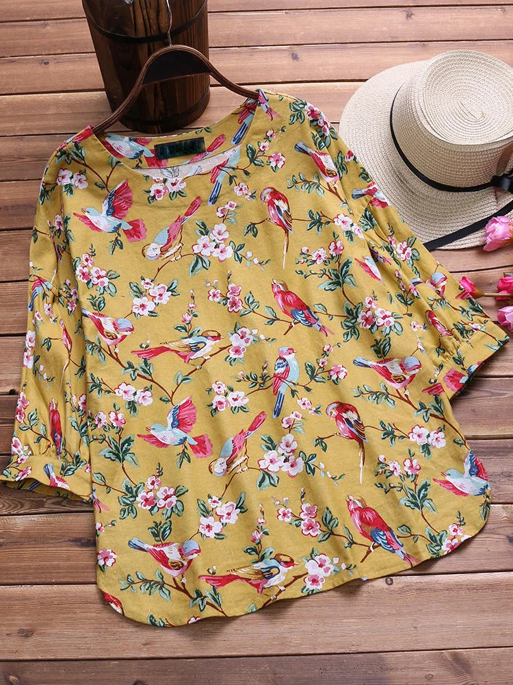 Large size women's shirt cotton and linen printed plus size 5XL 6XL 7XL 8XL 9XL summer round neck long sleeve loose white top