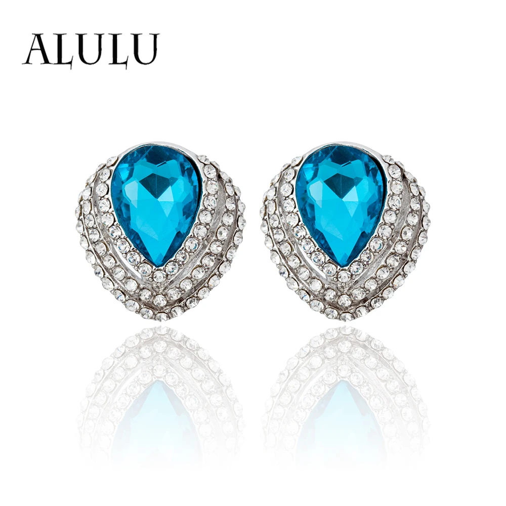 ALULU Fashion Blue Crystal Female Ear Clip Rhinestone Earrings Silver Plated Jewelry For Women Brincos | Украшения и аксессуары