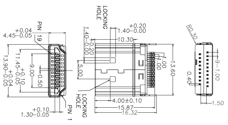 

HDMI-compatible 19P AM Male Solder type / Shell gold plating / Welding foot widening