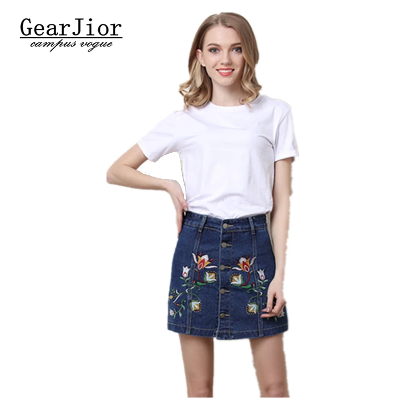 2017 new women's summer single-breasted denim skirts Flowers embroidery woman high waist A line skirt S-3XL | Женская одежда