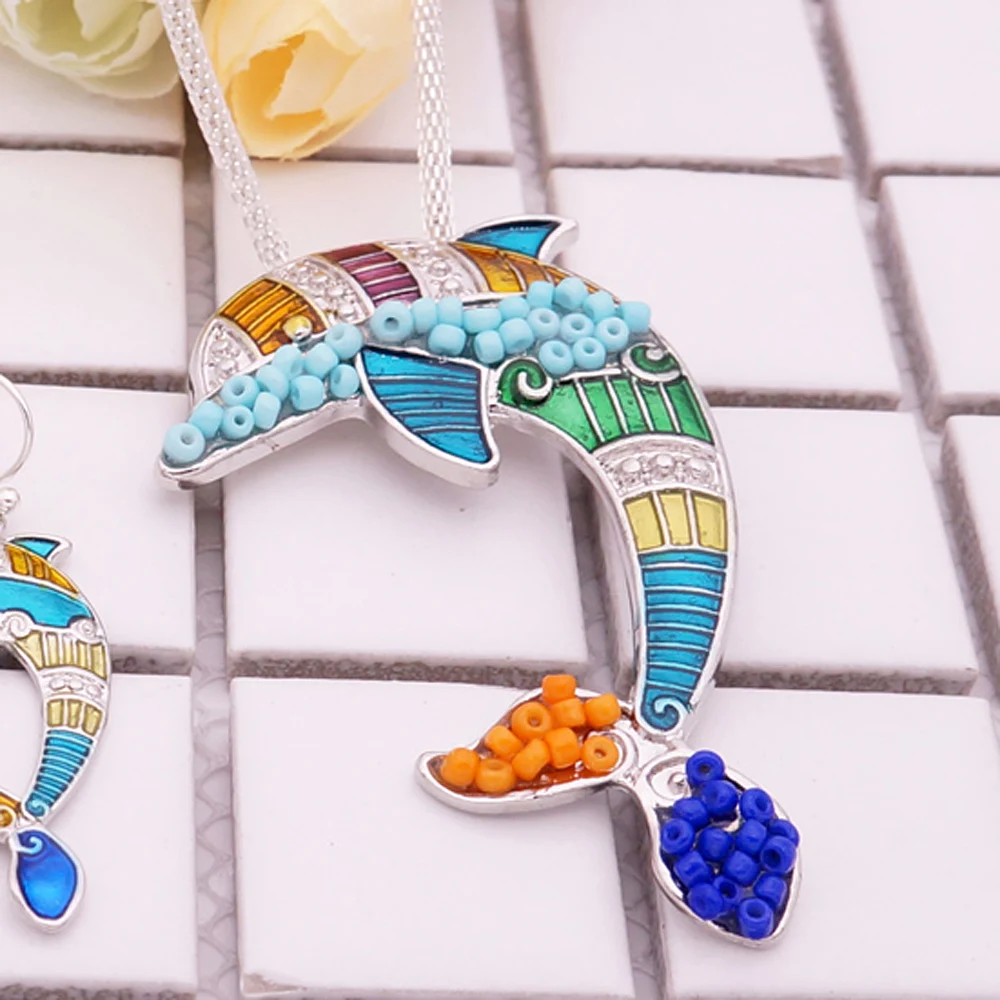Free Fan Beaded Enamel Silver Dolphin Necklace Pendant Fashion Sea Animal Jewelry Accessories For Women Girls | Украшения и