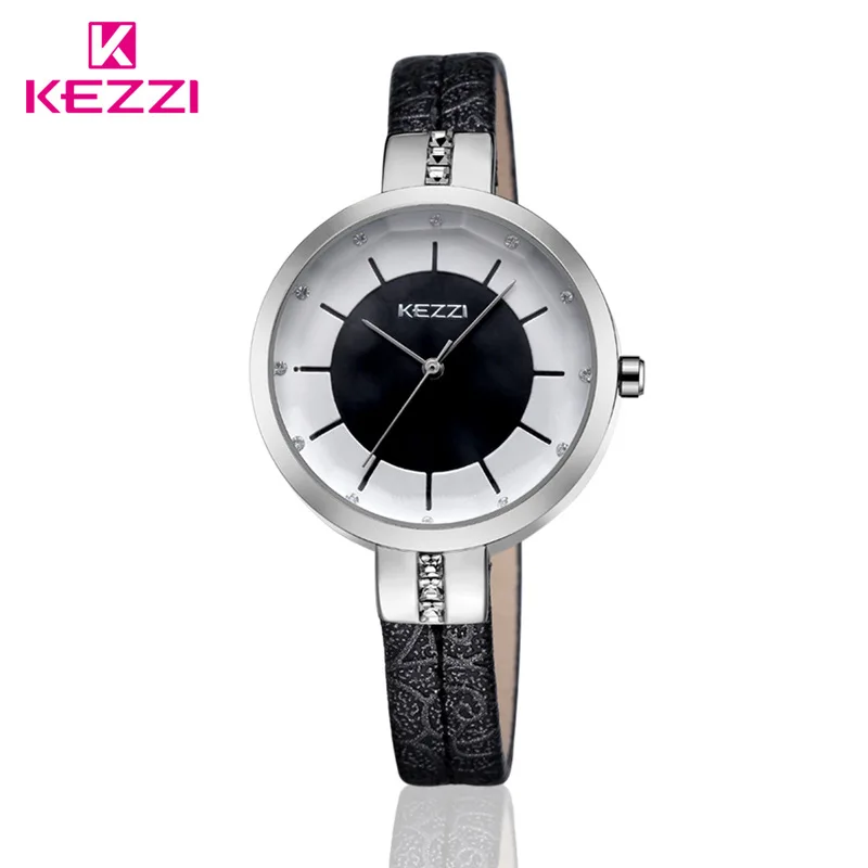 black watch KEZZI Брендовые женские наручные часы с кожаным ремешком, модные инкрустационные стразы, Простой циферблат, японский кварцевый механизм, женские часы - Цвет: black watch