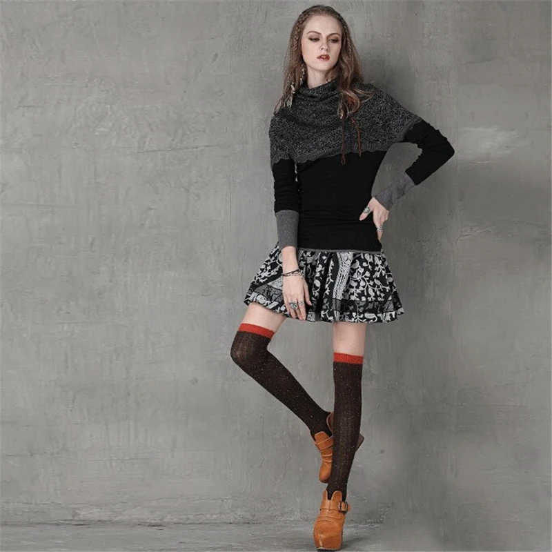 Autumn Winter Sweater Women 2020 Knit Jacquard Elastic turtleneck Pullover Retro Stitching Wool Femme Tops | Женская одежда