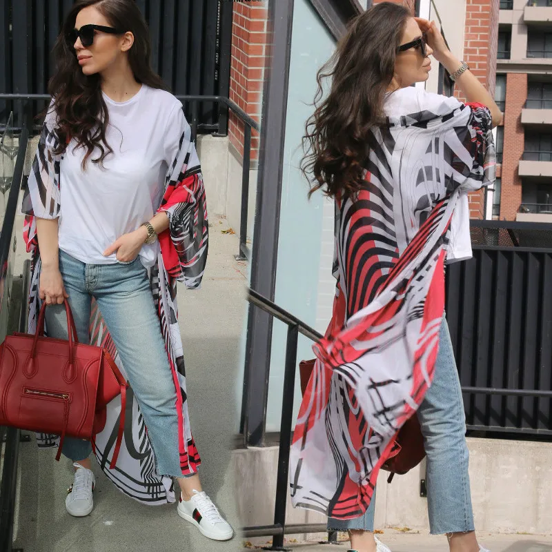 Женское пляжное платье Boho длинное шифоновое платье-кардиган с принтом 2019 |