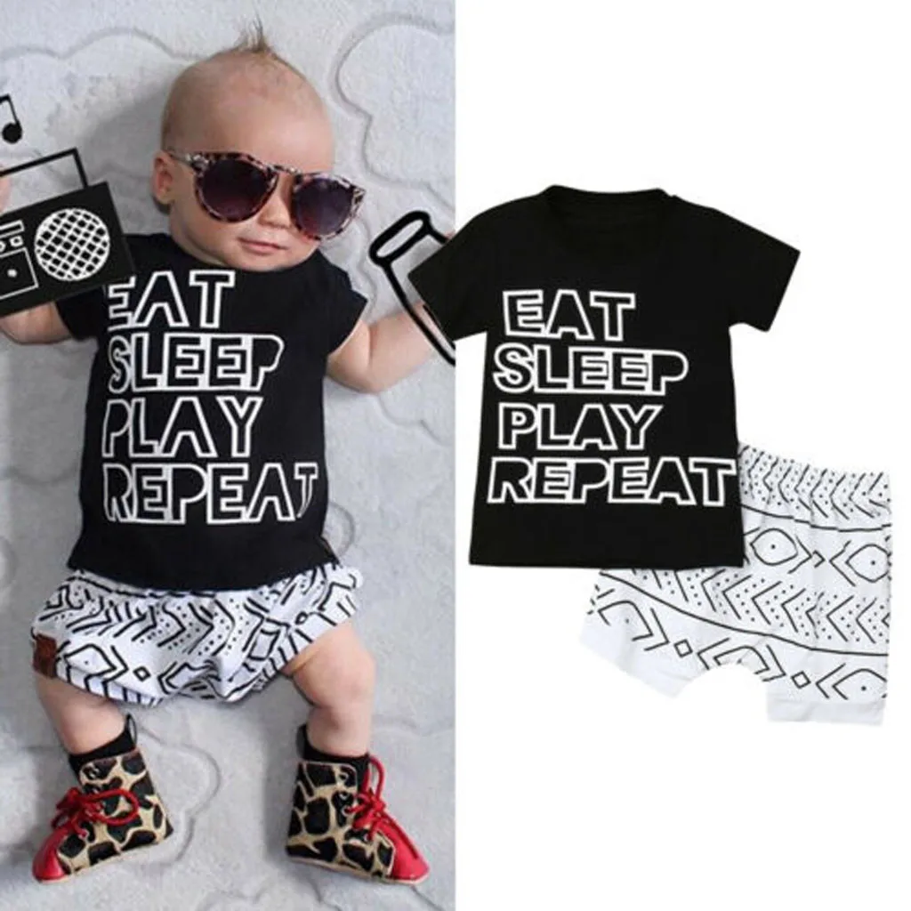 Toddler Boy Newborn Baby Sets 2019 Letter T Shirt Tops Geometry Print Shorts Outfits Summer roupa menino 3 ans Kleding Boys |