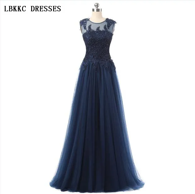

Vestido De Festa Longo Navy Blue Evening Dress With Lace Backless A Line Floor Length Abiye Gece Elbisesi Robe De Soiree