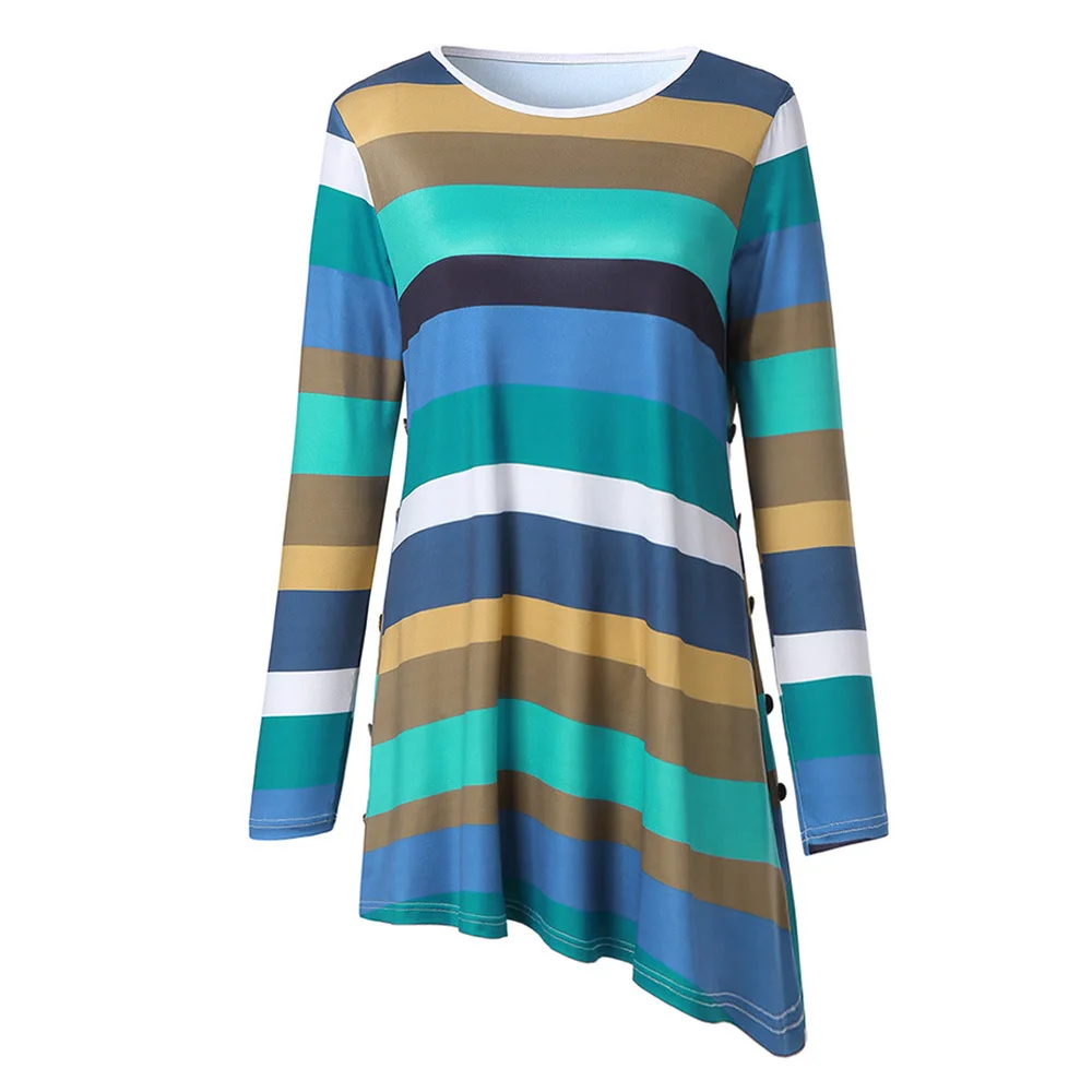 

New 2019 Striped Women T Shirt Autumn Long Sleeve O Neck Patchwork Irregular T-Shirt Ladies Fashion Side Button Loose Lady Tops