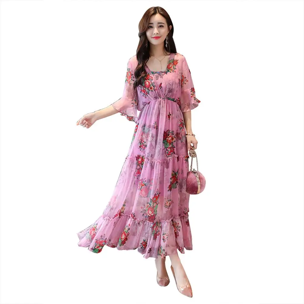 

Dress Commuter V-neck Floral Head Single Piece Large Swing Short Sleeve 2019 New Summer Long Section Loose Slimming Ladies Dress