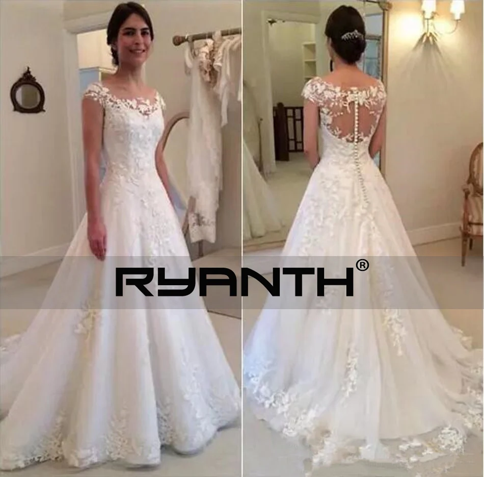 Vestido de Noiva скромное прозрачное свадебное платье с вырезом лодочкой и прозрачной пуговицей на спине Новое свадебное платье с рукавами-крылышками ZJ2