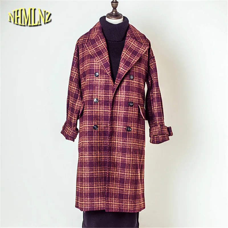 Зимние Для женщин шерстяное пальто Новинка 2017 года ретро плед тонкий с длинными