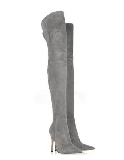 

New Arrived women pointed toe thigh high bbots grey suede leather over knee boots slim thin sexy thigh high boots plus size 42