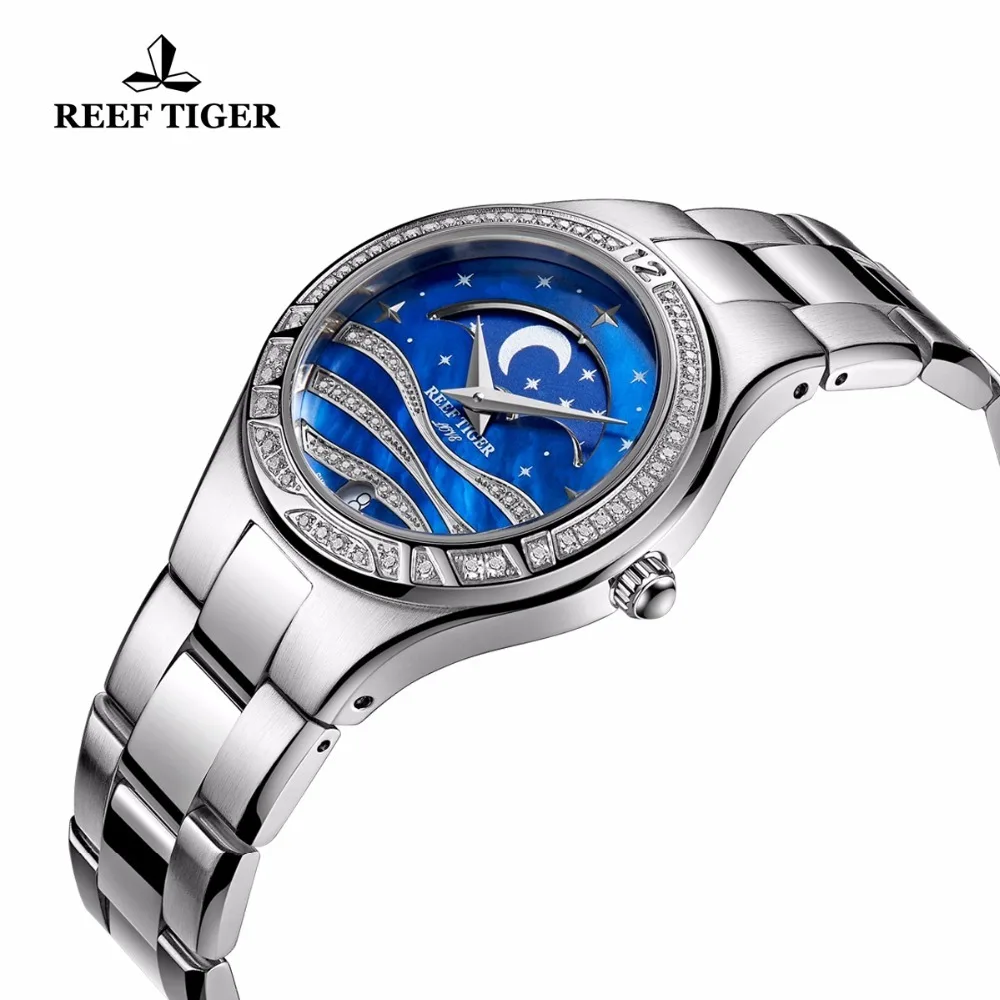 Женские наручные часы Reef Tiger/RT повседневные из нержавеющей стали синего цвета с