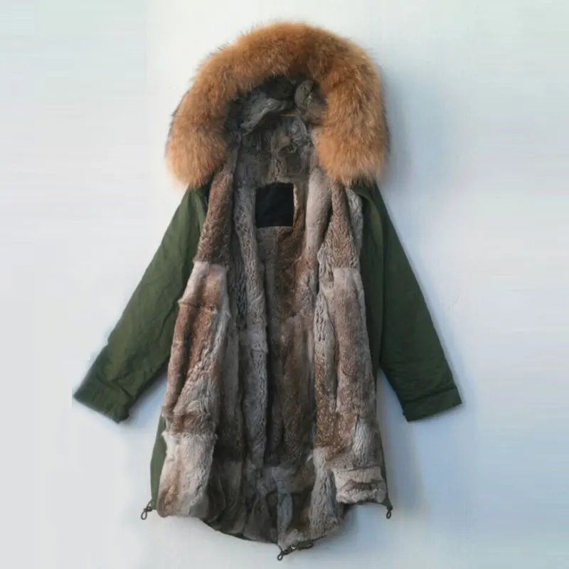 

Rabbit fur long style women winter parka free shipping Army green coat