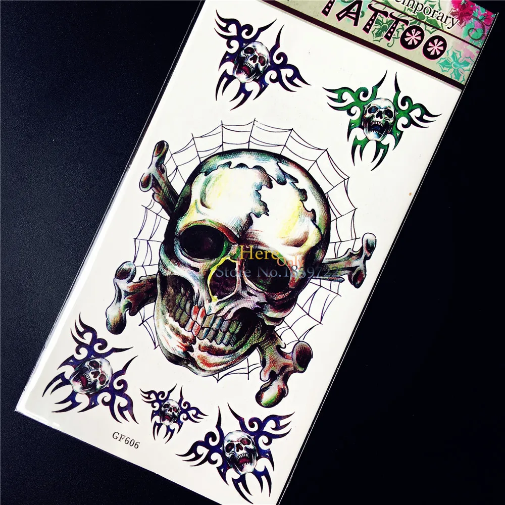 Злобный череп голова кости демон временная татуировка наклейка для мужчин и