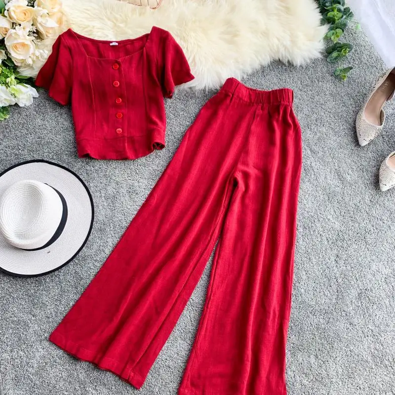 2019 Новый Модный женский комплект из двух предметов однобортный Топ + широкие