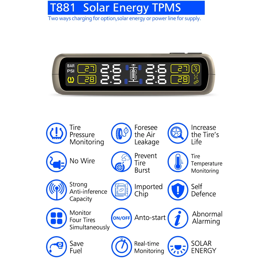 Автомобильная универсальная система контроля давления в шинах T881 TPMS 4 внешних
