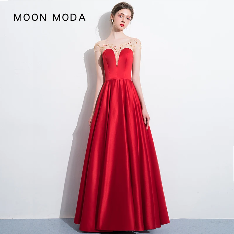 MOON MODA с коротким рукавом длинное платье на выпускной 2018 красный вечернее