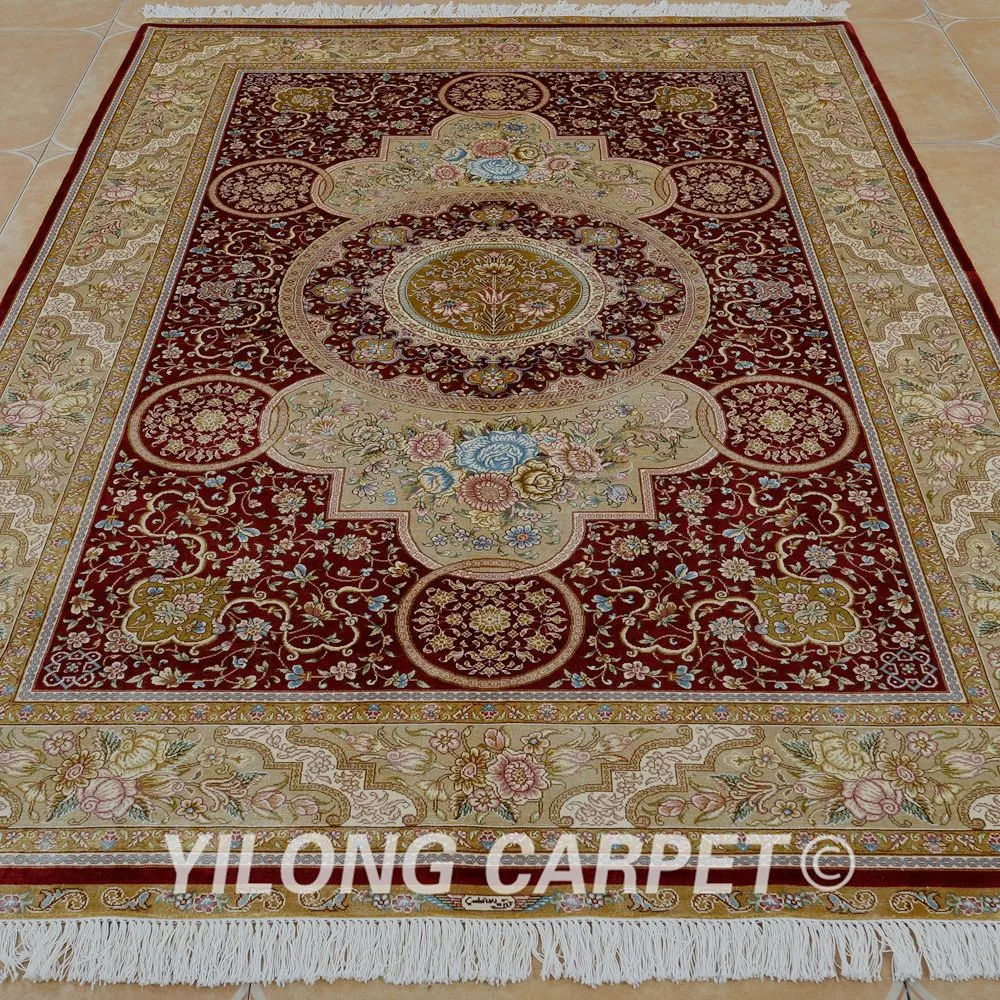 Yilong 5 'x 7 5' персидский шелковый ковер красный vantage ручной УЗЕЛКОВЫЙ кашмирский (1120)|hand knotted rug|rugged ruggedrugs red |