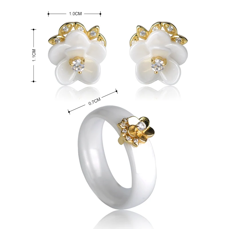 MECHOSEN Bridal Jewelry Sets Earrings&ampRings White/ Black Ceramic Smooth Aros Gold Color Copper Flower Aretes Parure Bijoux Femme |