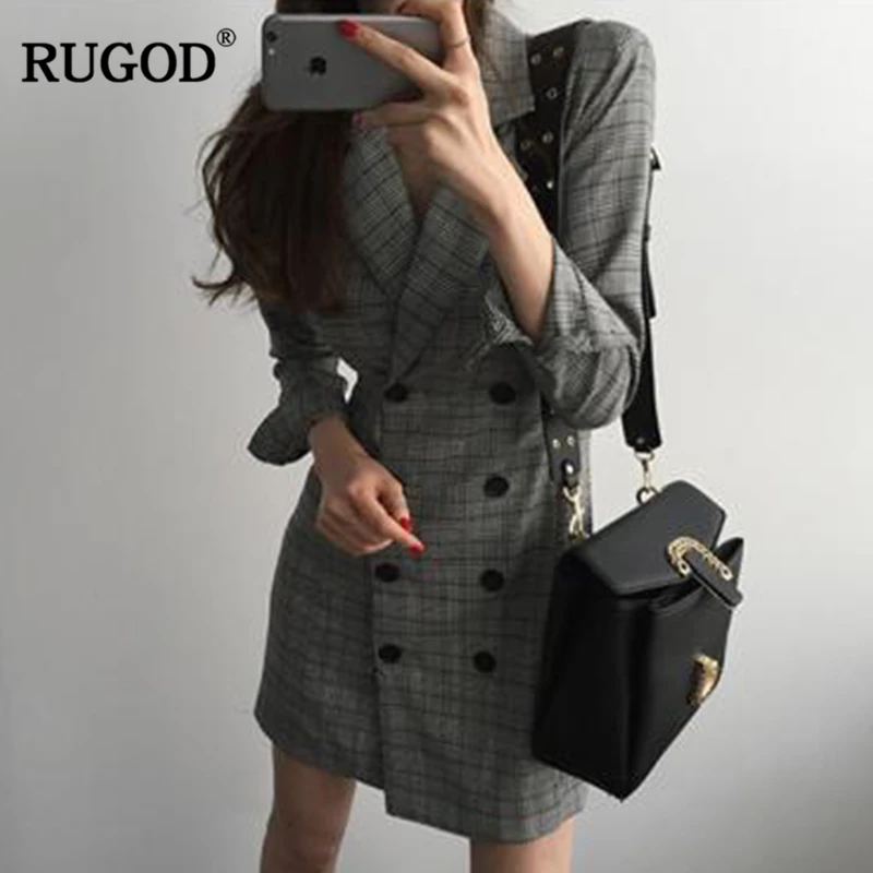 RUGOD Корейский пиджак Платье Офисные женские платья с запахом Мини плед