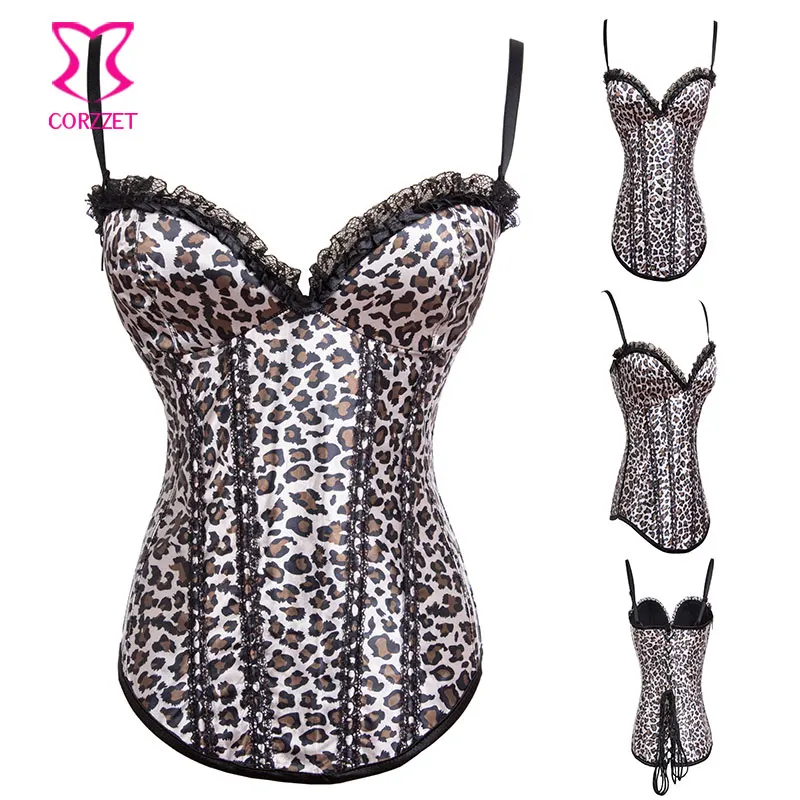 Коричневый/черный леопардовый корсет с пайетками Готический Бюстье пуш-ап
