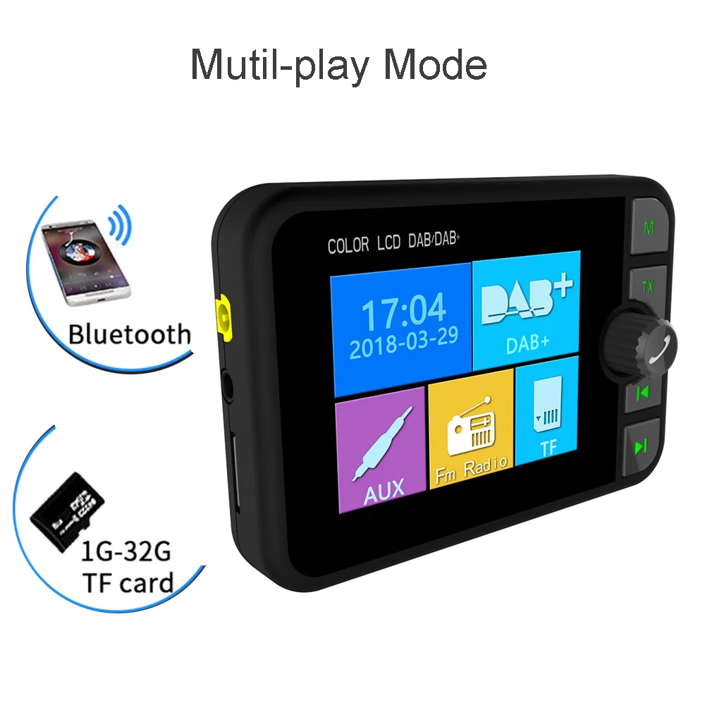 Car DAB Radio Receiver Colorful TFT Bluetooth FM Transmitter+ MCX Antenna 3.5mm Jack Audio Output DAB Tuner Support TF Card