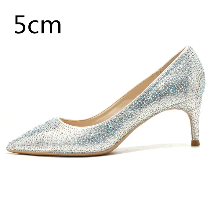 Silver -5cm Элитный бренд свадебные туфли Свадебная обувь с маленьким острым носком; обувь на тонком высоком каблуке; Женские однотонные ботинки Стразы Классическая обувь с украшением в виде кристаллов - Цвет: Silver -5cm