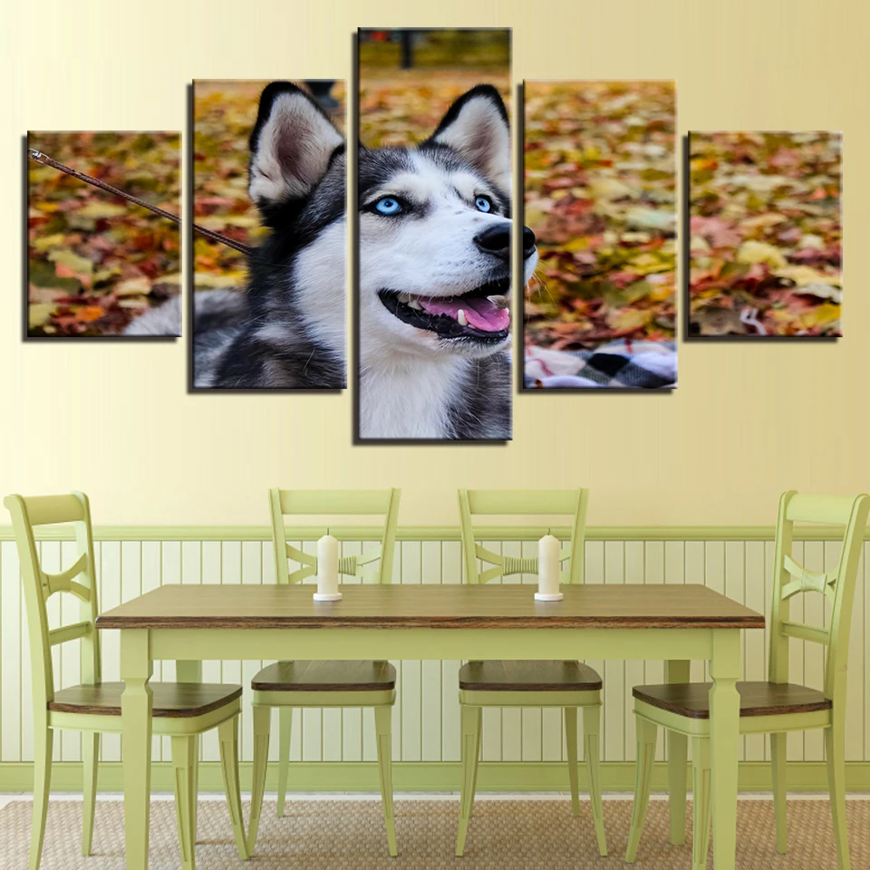 Oturma odsi Için tuval HD baskilar Resimleri Duvar sanati Çerçeve Ev dekor 5 Parça Hayvan Husky Pet Resimlerinde Mavi gézler Kero | Дом и