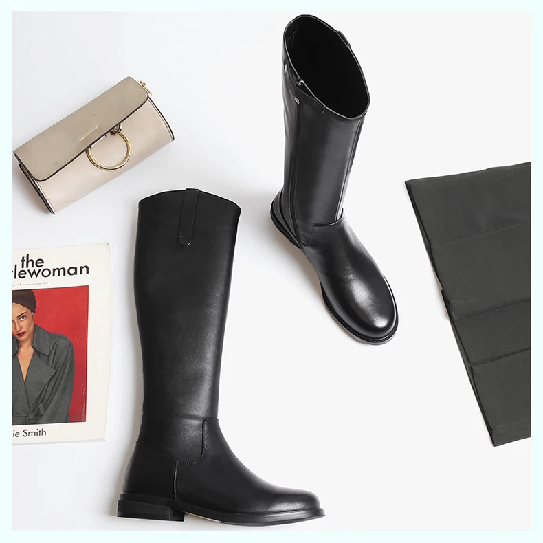 Winter Plush Boots For Women Genuine Leather Fashion Knee High Booties Lady Round Toe Rivet Female Heel Shoes Plus Size 42