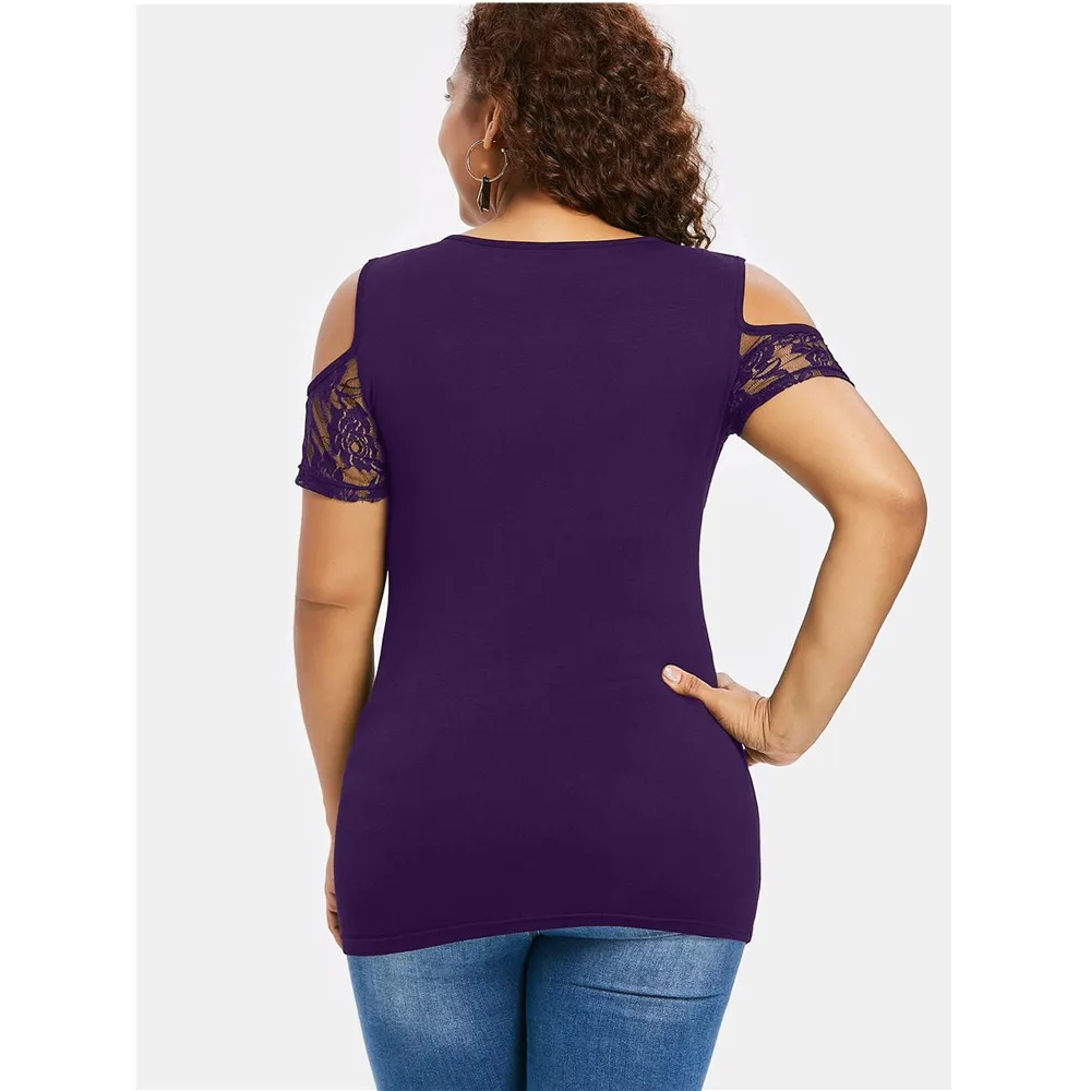 CosMera Sexy Scoop Neck Colder Shoulder Plus Size Cutout Lace Up T-Shirt Casual Short Sleeve Women Summer Tops Tee Shirt 2018 | Женская