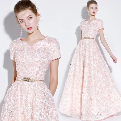 Розовый Vestido madrinha2019 Новое Кружевное вышитое сексуальное платье с v-образным вырезом и короткими рукавами а-силуэта коричневого, темно-синего, серебряного, бордового, розового цвета платье для невесты - Цвет: Розовый