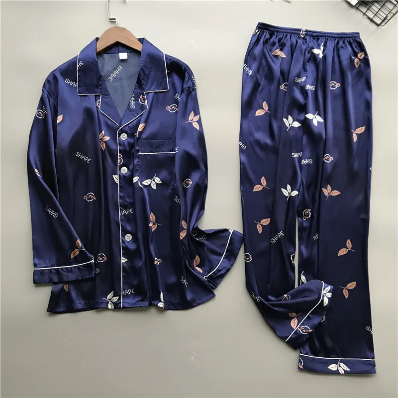 New brand men pajama set long sleeve silk men's pajamas print casual home clothes male sleepwear pyjama suit pijama hombre