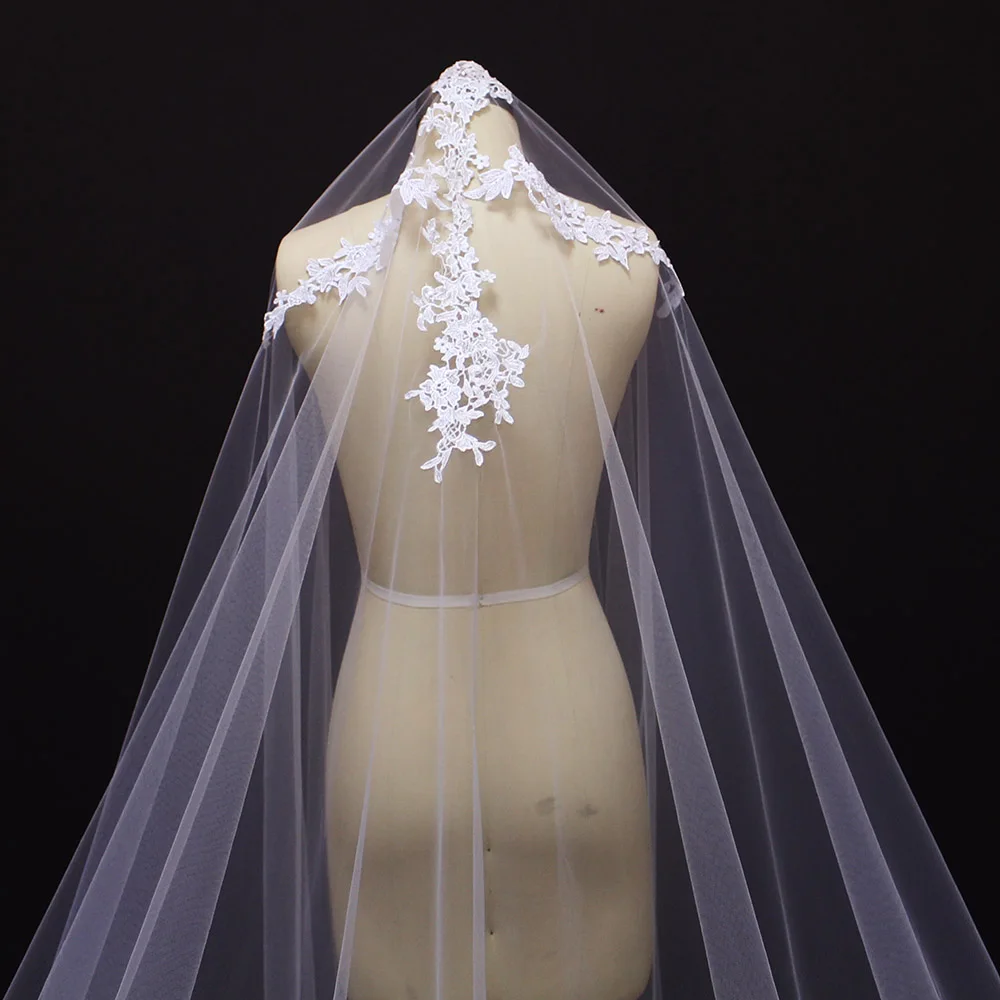 Белый Кот Тюль 3 М длинные один Слои аппликация Край свадебная фата Элегантные