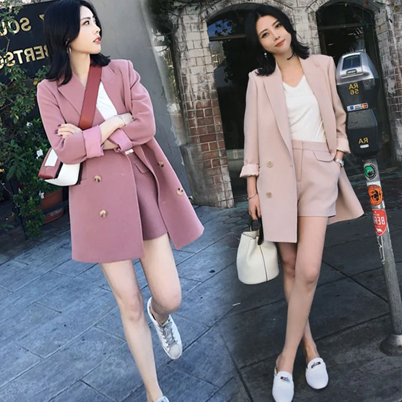 Женский длинный костюм корейский Повседневный маленький пиджак шорты комплект