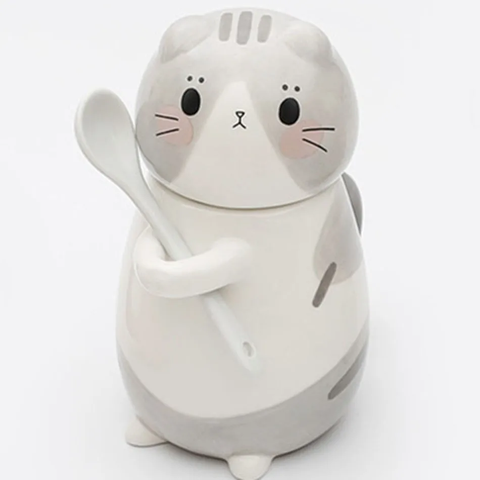 Cute Cat Mug With Lid Handmade Printed Coffee Cups And Mugs With Cat Lid Spoon Ceramic Creative Cartoon Cat Coffee Mug Cup - Цвет: Abu