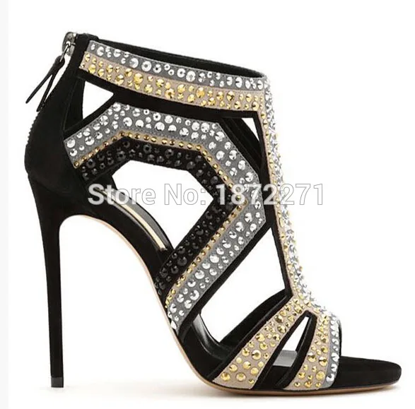 Hot fashion rivets women hollow out high heel gladiator sandals  peep toe geometric sandal boots suede thin heels pumps