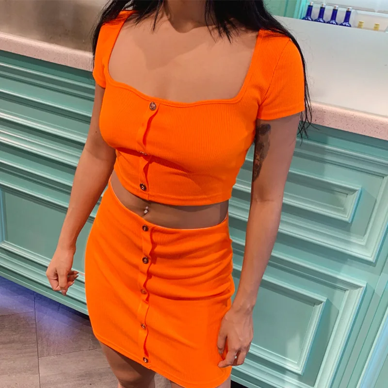 Toplook неоновый комплект из двух предметов для женщин короткий рукав пуговицы короткий топ юбка комплект из 2 предметов летний женский клубный наряд