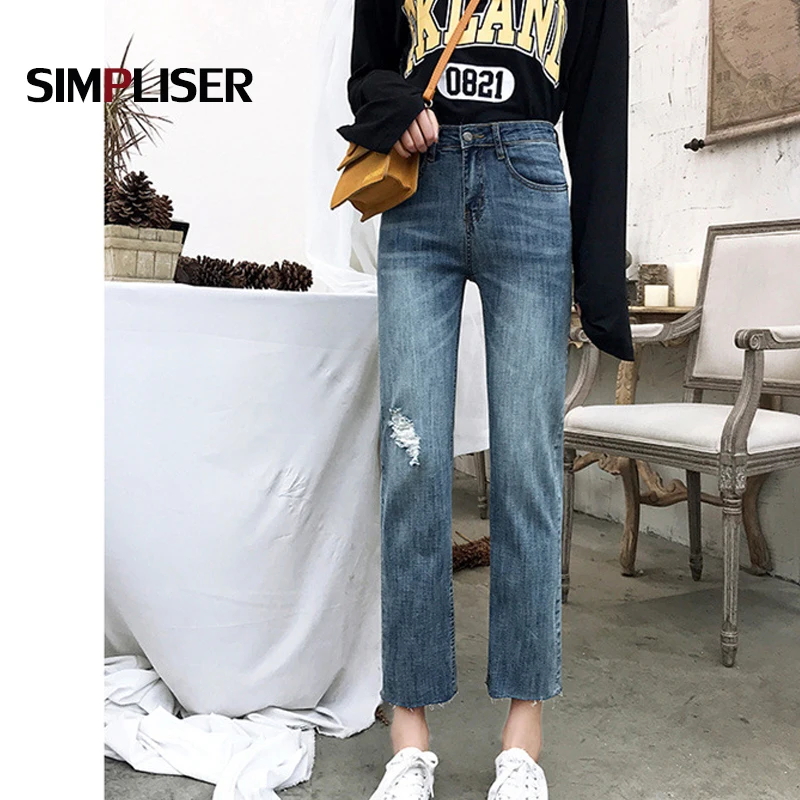 

Ripped Jeans Women Summer Ankle Length Straight Trousers Plus Size 32 Female Vintage Jeans High Waist Denim Blue Loose Pants