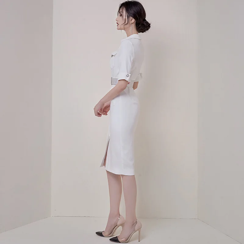 Женское облегающее платье футляр Летнее белое средней длины с отложным