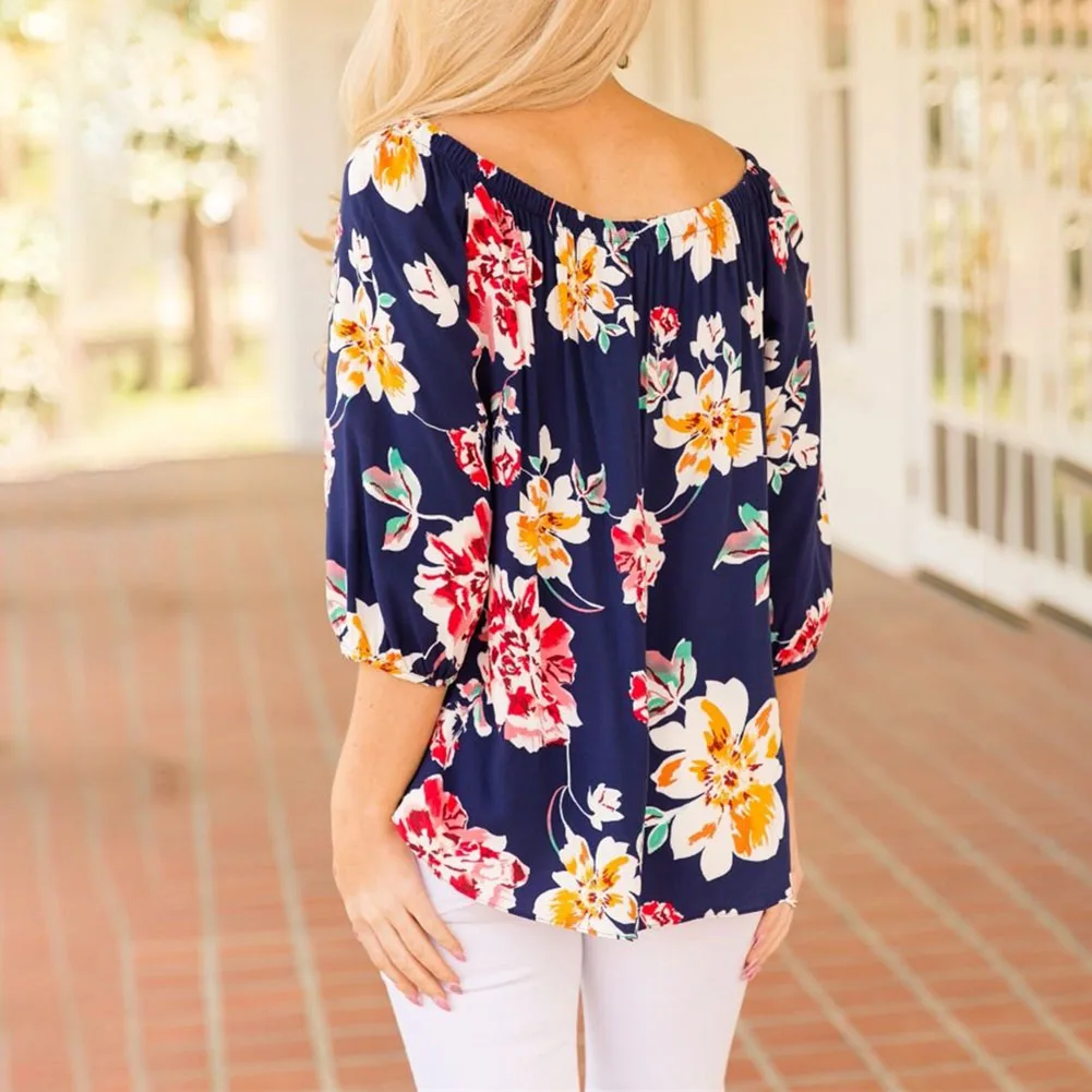 

Women'S Floral Printed Off Shoulder Bell Sleeve Shirt Tie Knot Casual Blouses Tops Slash Neck Top Feminina Blusa Mujer Moda #30