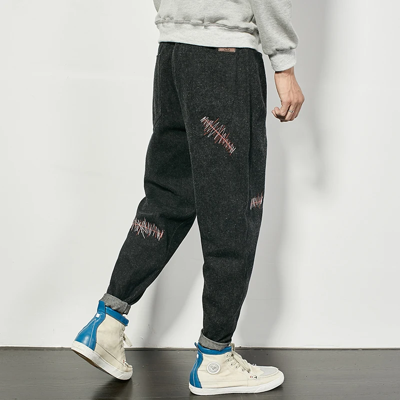 Новый Японский вышивка Джинсы Мужчины Ретро Черные брюки случайных ноги