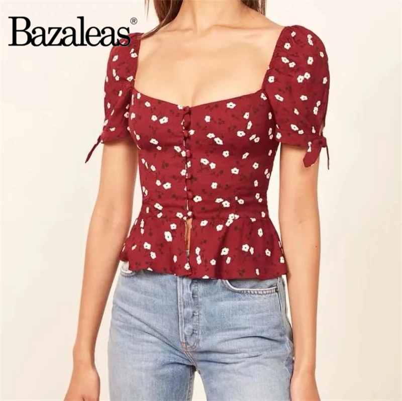Feminina центральные значки blusas топы модная красная блузка с цветочным принтом