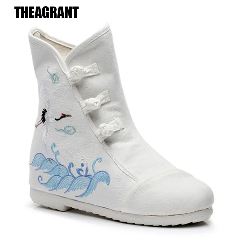 THEAGRANT Winter Embroidered Women Snow Boots Canvas Hidden Wedge Woman Shoes Chinese Button Lady Ankle Boots WBS3006
