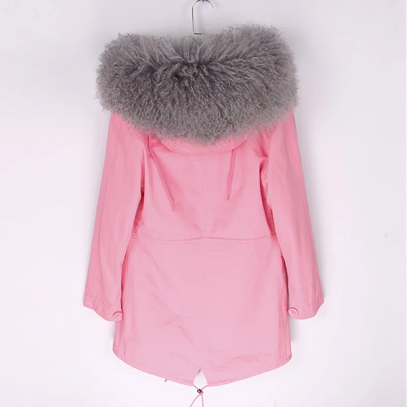 pink grey Новое поступление, длинное меховое пальто, модная Женская Роскошная парка из овечьей шерсти, пальто с капюшоном, зимняя куртка - Цвет: pink grey