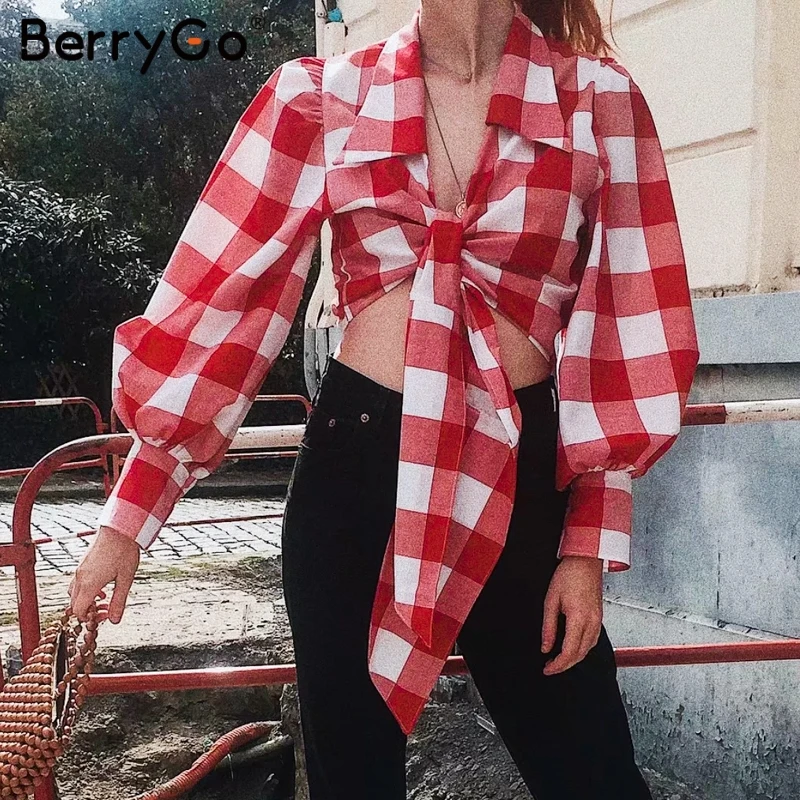 BerryGo женская блузка сексуальная клетчатая рубашка с v образным вырезом